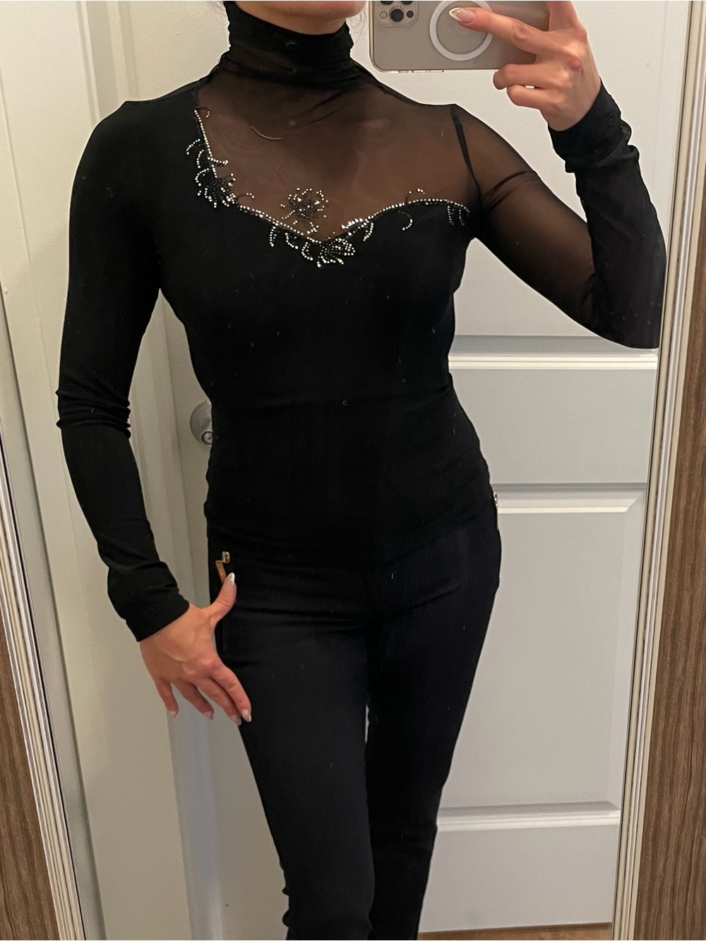 Black Long-Sleeve Sheer Yoke Top with Rhinestone Detail